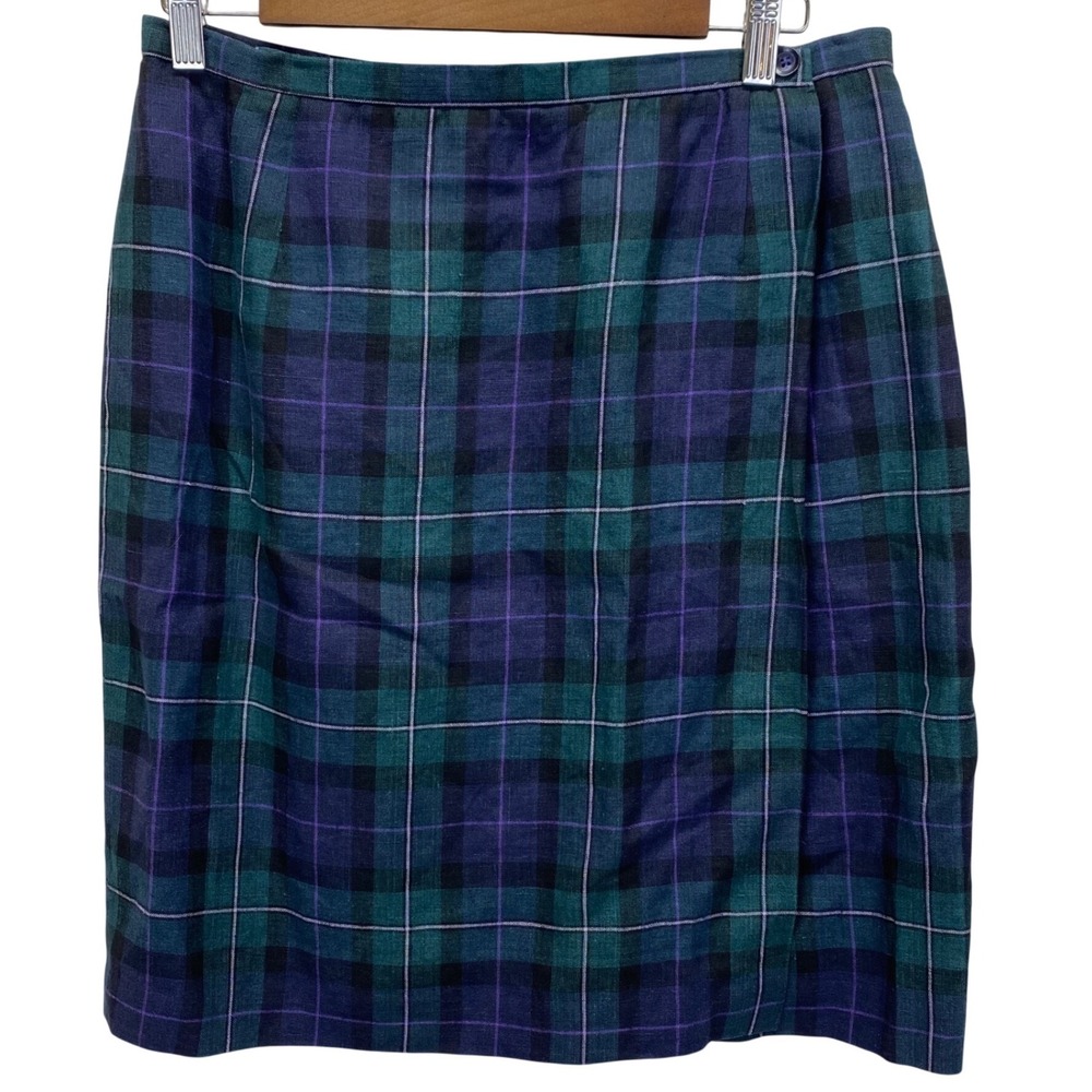 VTG Chelsea Cambell Charter Club Plaid 100% Linen Wrap Skirt Women 12